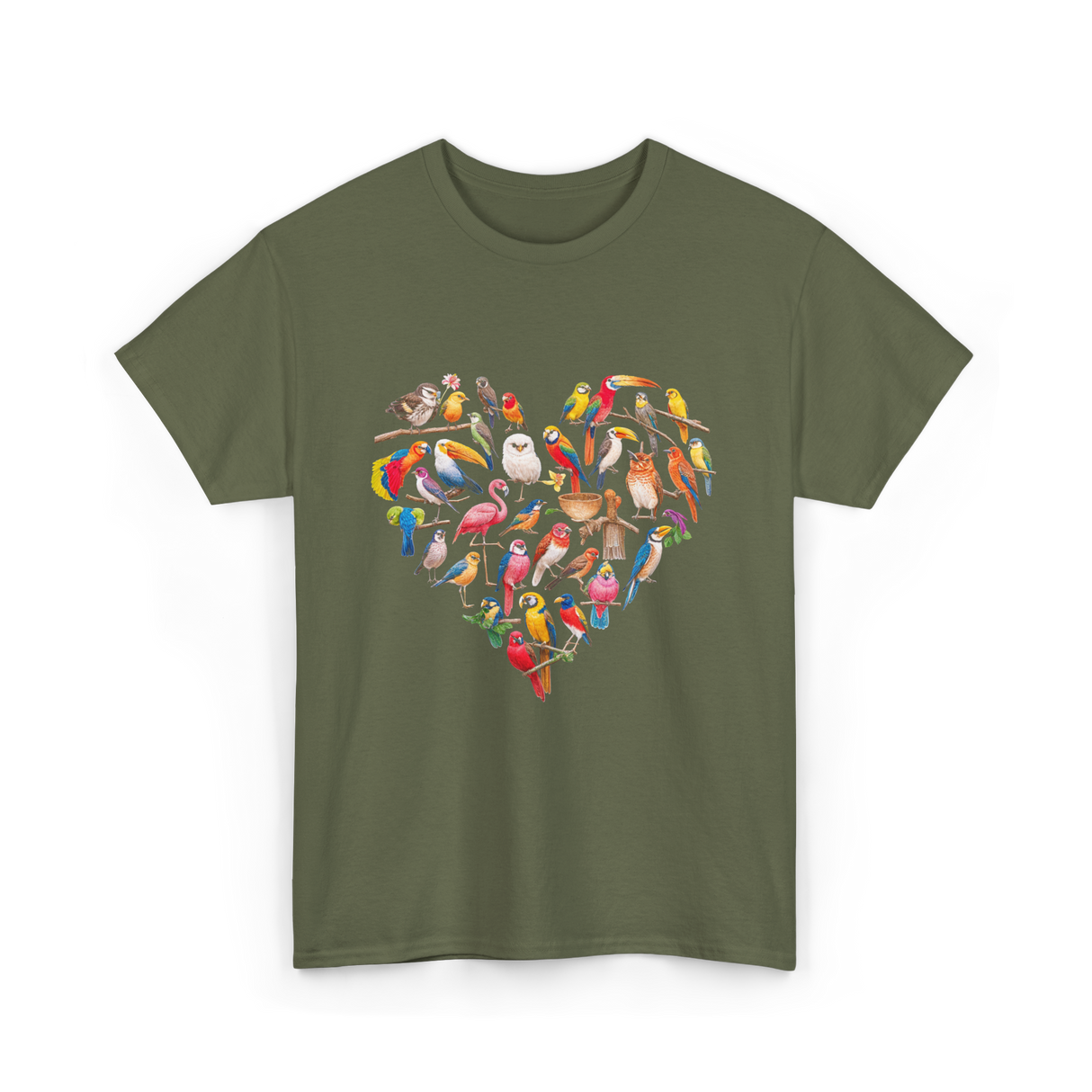 Bird Heart Birding Wildlife Birdwatching T-Shirt - Military Green