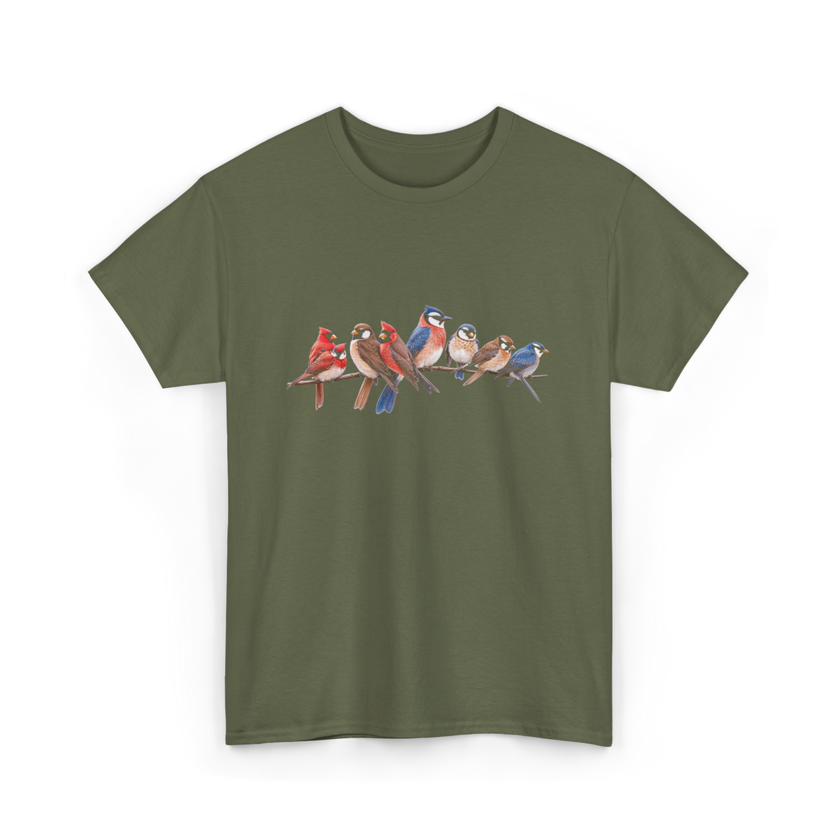 Birds on a Branch Ornithology T-Shirt - Military Green