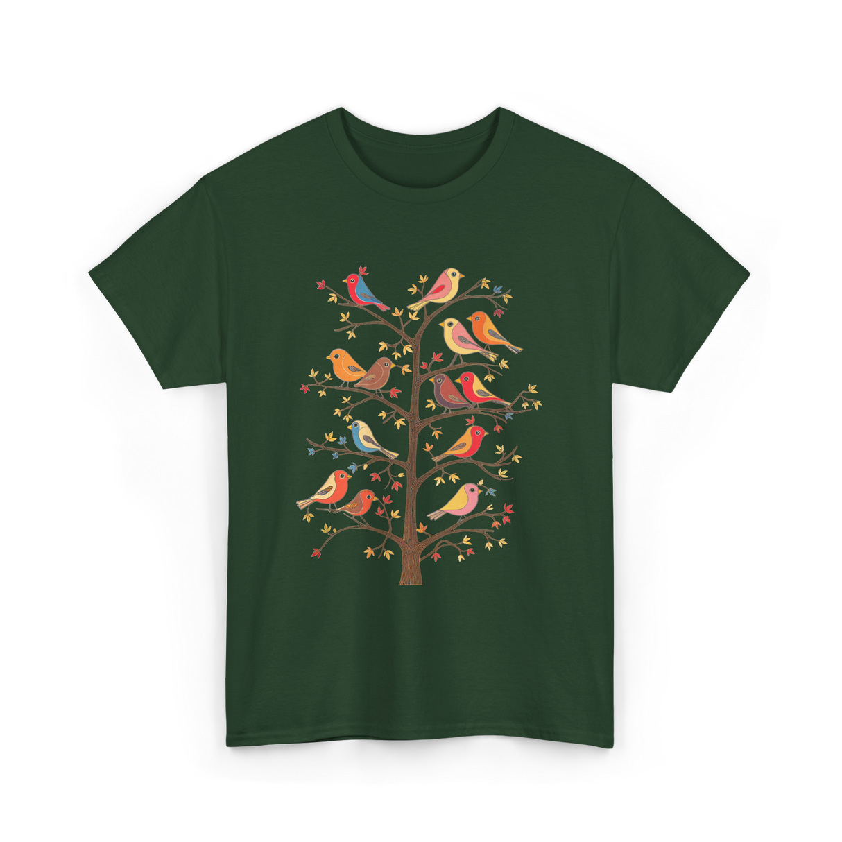 Birds On A Tree Branch Birding T-Shirt - Forest Green