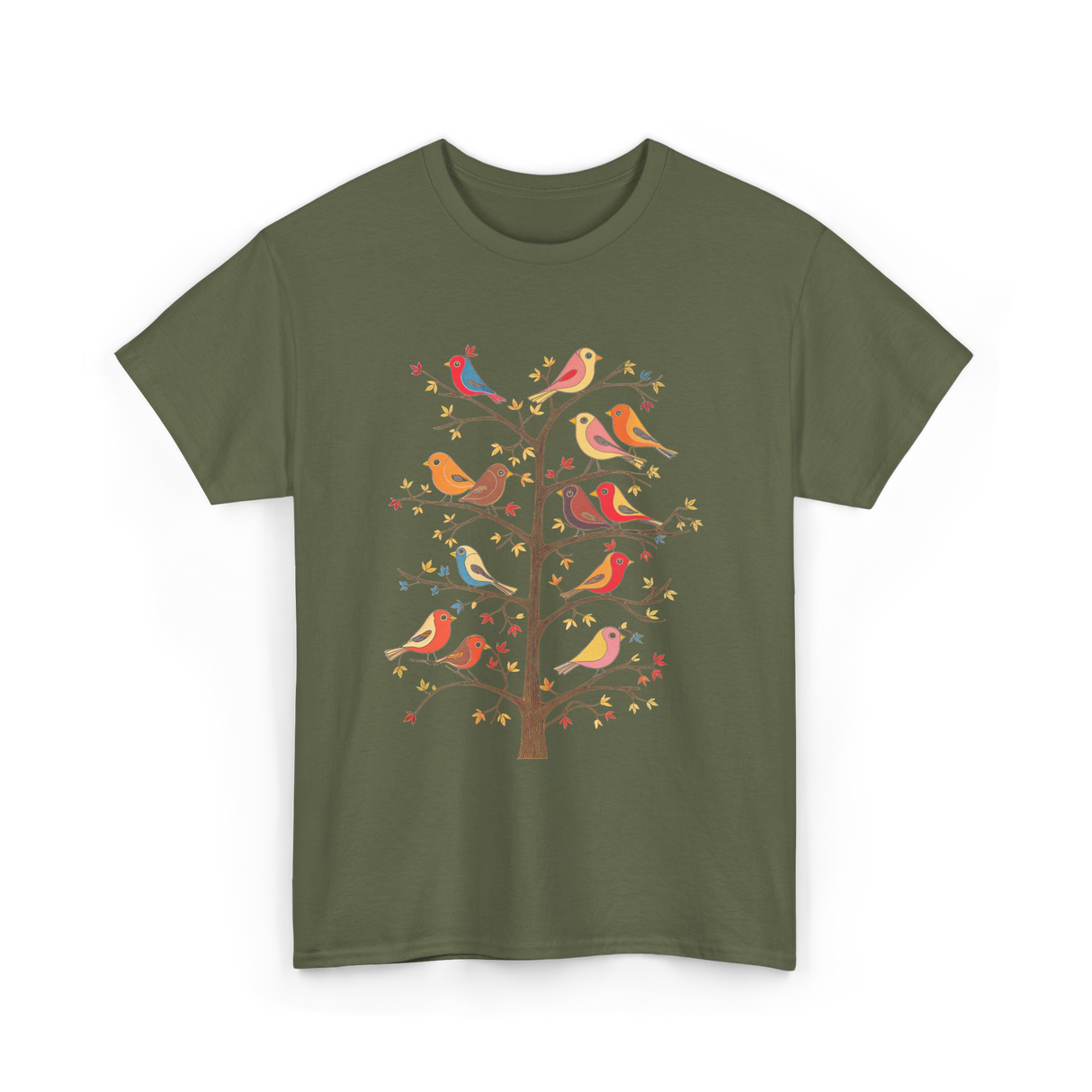 Birds On A Tree Branch Birding T-Shirt - Military Green