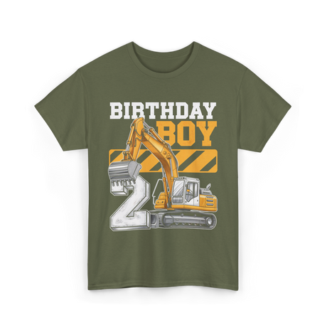 Birthday Boy 2 Excavator Construction T-Shirt - Military Green