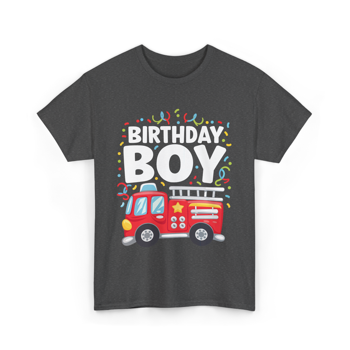 Birthday Boy Fire Truck Kid T-Shirt - Dark Heather