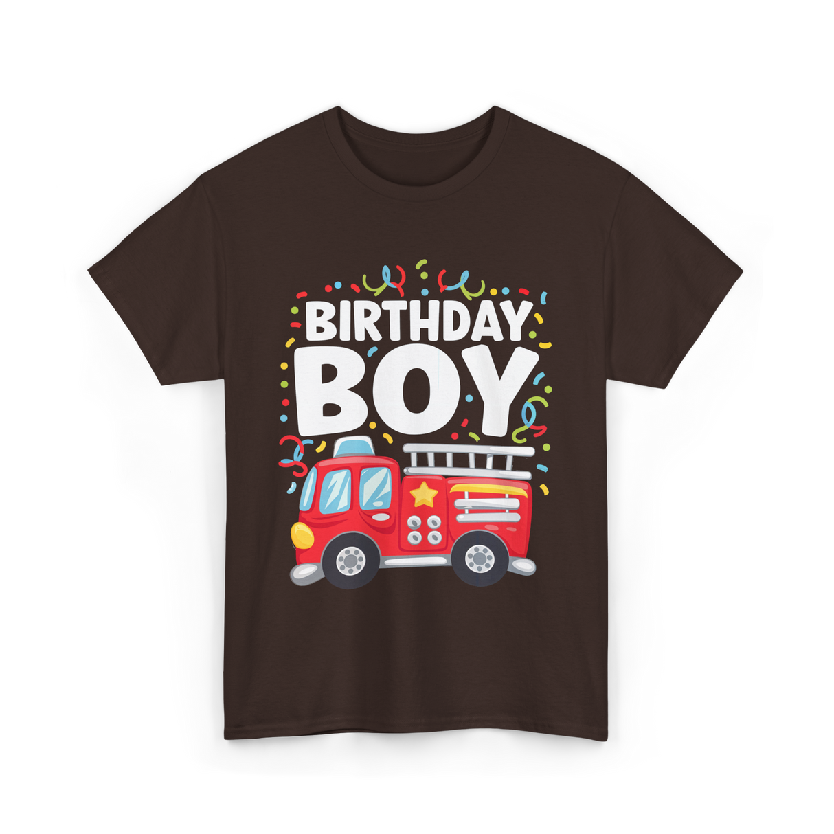 Birthday Boy Fire Truck Kid T-Shirt - Dark Chocolate