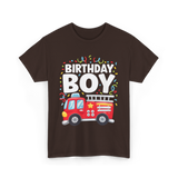 Birthday Boy Fire Truck Kid T-Shirt - Dark Chocolate