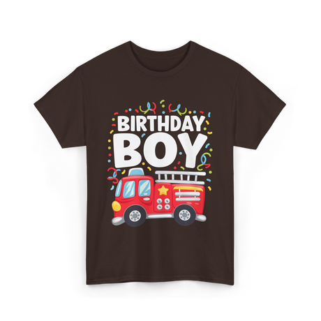 Birthday Boy Fire Truck Kid T-Shirt - Dark Chocolate