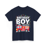 Birthday Boy Fire Truck Kid T-Shirt - Navy