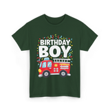 Birthday Boy Fire Truck Kid T-Shirt - Forest Green