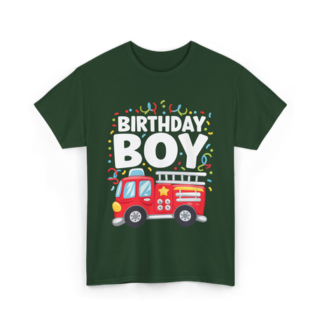 Birthday Boy Fire Truck Kid T-Shirt - Forest Green