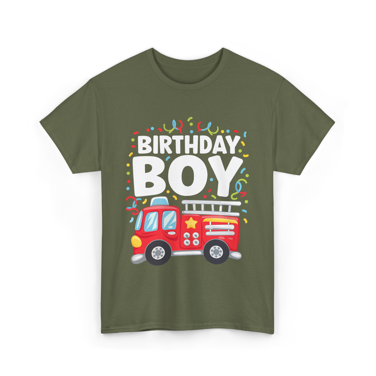 Birthday Boy Fire Truck Kid T-Shirt - Military Green