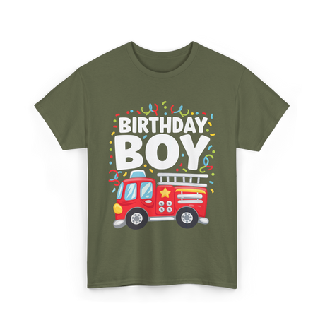 Birthday Boy Fire Truck Kid T-Shirt - Military Green