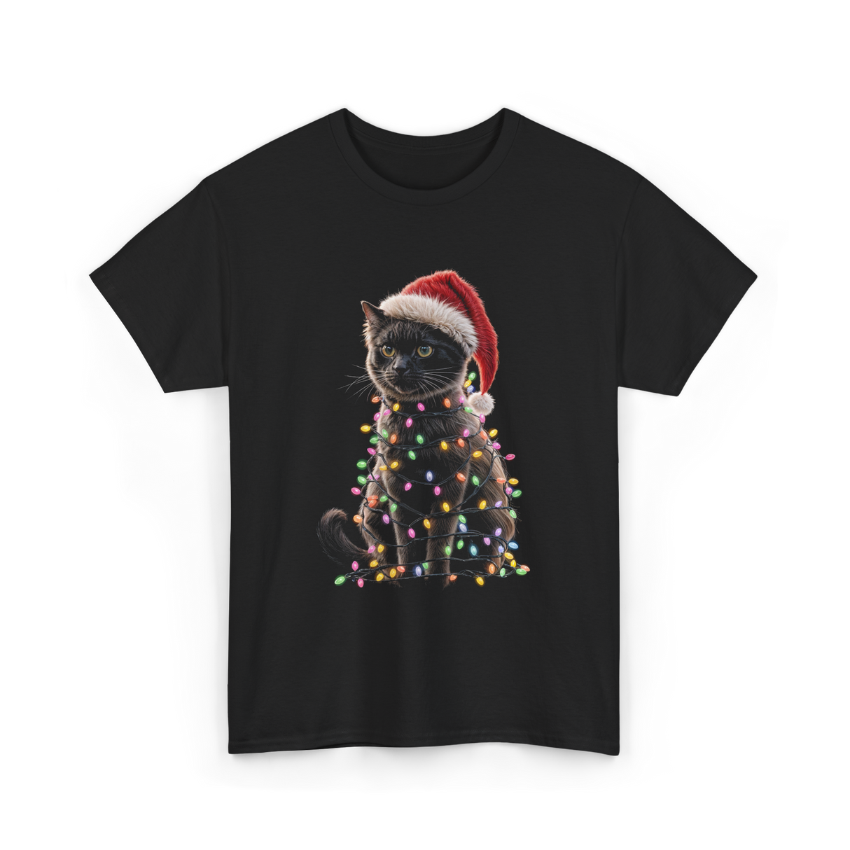 Black Cat Christmas Cat Lights T-Shirt - Black