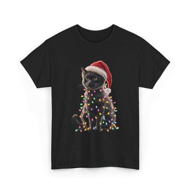 Black Cat Christmas Cat Lights T-Shirt - Black