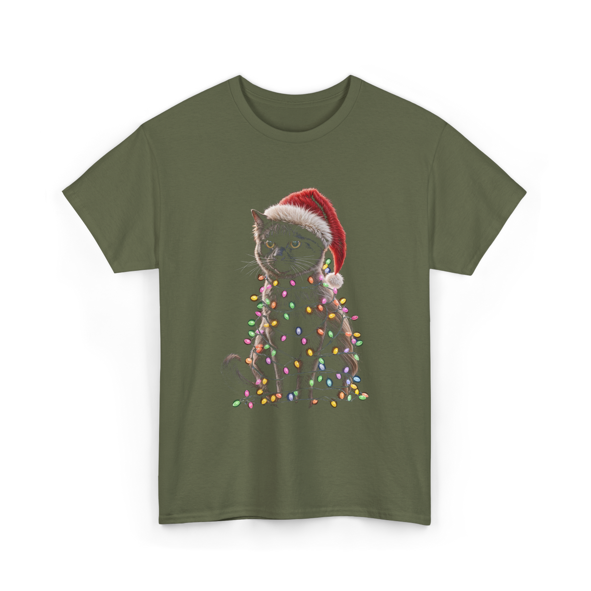 Black Cat Christmas Cat Lights T-Shirt - Military Green