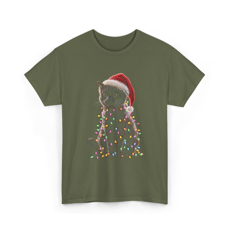 Black Cat Christmas Cat Lights T-Shirt - Military Green