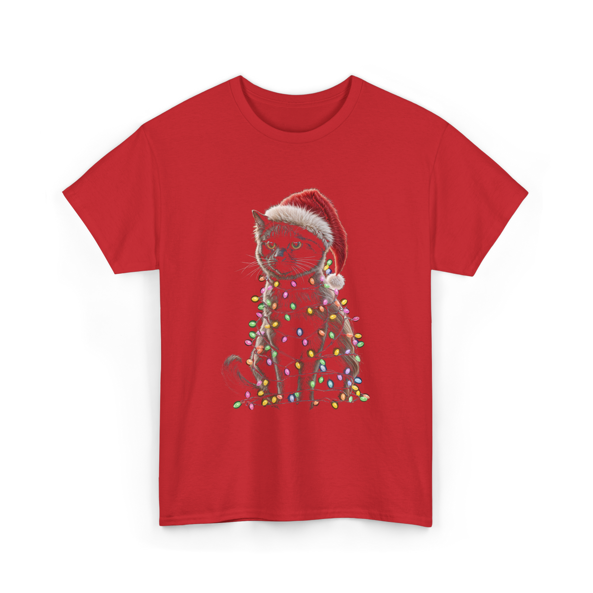 Black Cat Christmas Cat Lights T-Shirt - Red