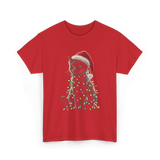 Black Cat Christmas Cat Lights T-Shirt - Red