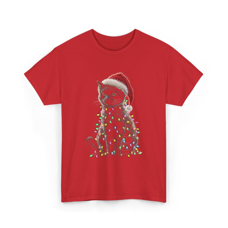 Black Cat Christmas Cat Lights T-Shirt - Red