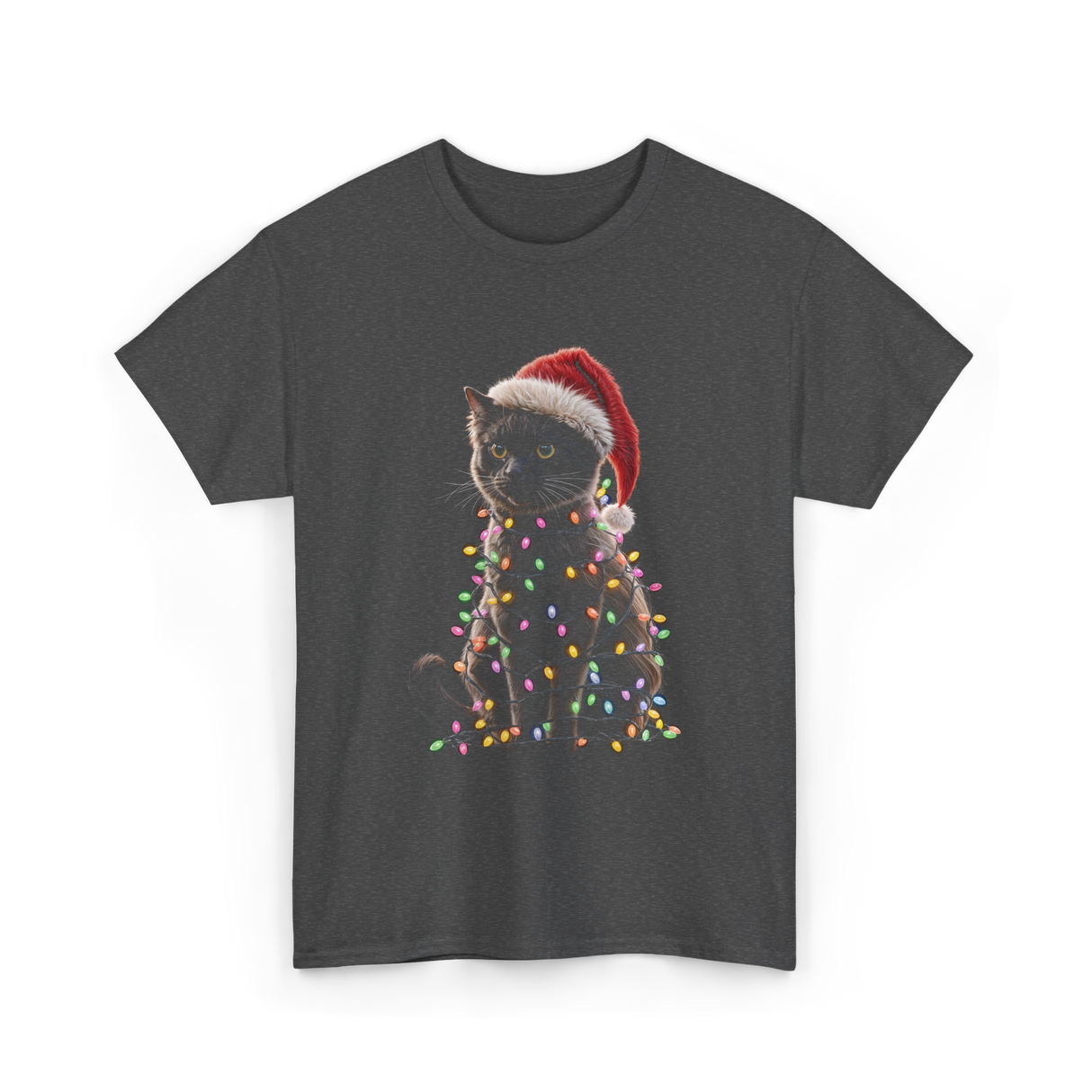 Black Cat Christmas Cat Lights T-Shirt - Dark Heather