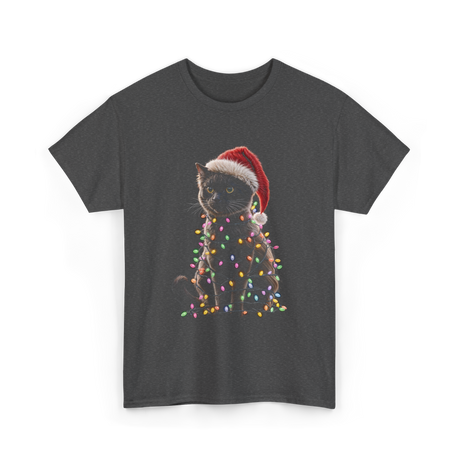 Black Cat Christmas Cat Lights T-Shirt - Dark Heather