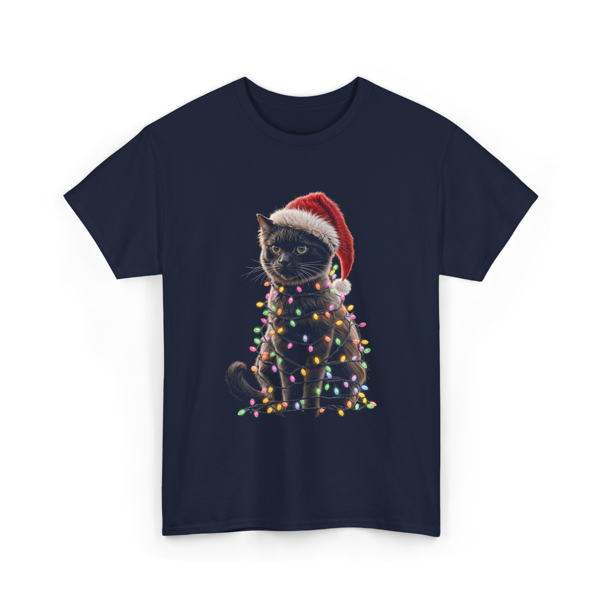 Black Cat Christmas Cat Lights T-Shirt - Navy