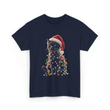 Black Cat Christmas Cat Lights T-Shirt - Navy