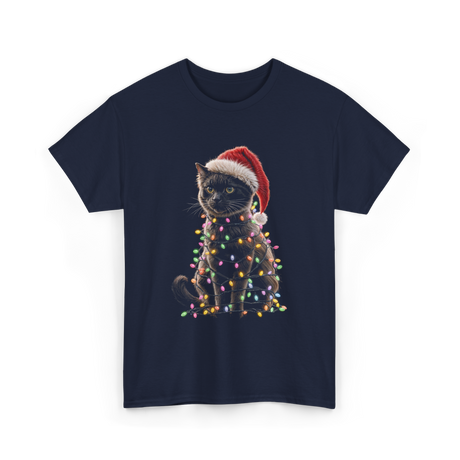 Black Cat Christmas Cat Lights T-Shirt - Navy