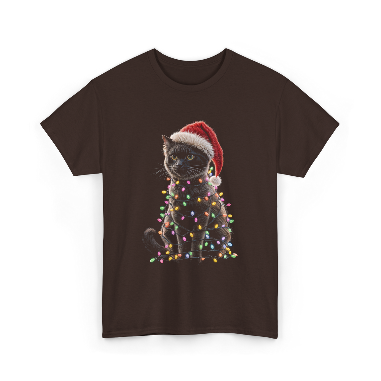 Black Cat Christmas Cat Lights T-Shirt - Dark Chocolate