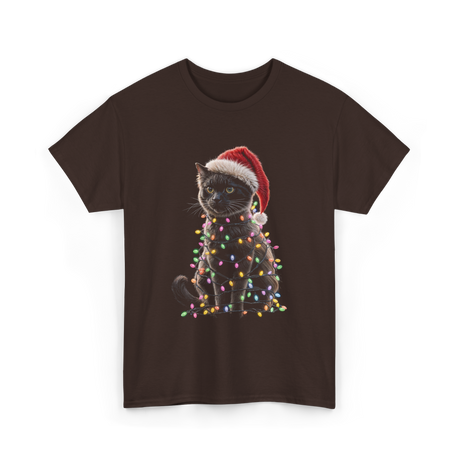 Black Cat Christmas Cat Lights T-Shirt - Dark Chocolate