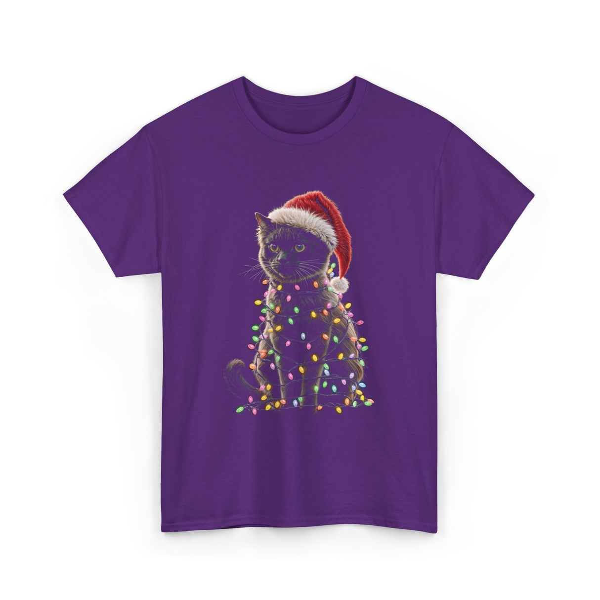 Black Cat Christmas Cat Lights T-Shirt - Purple