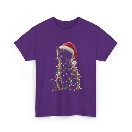 Black Cat Christmas Cat Lights T-Shirt - Purple