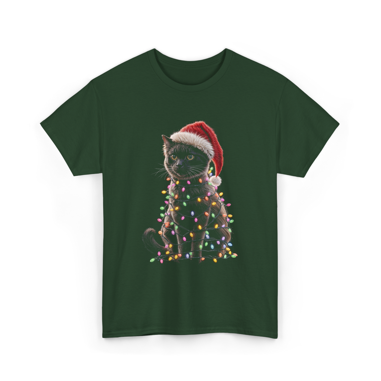 Black Cat Christmas Cat Lights T-Shirt - Forest Green