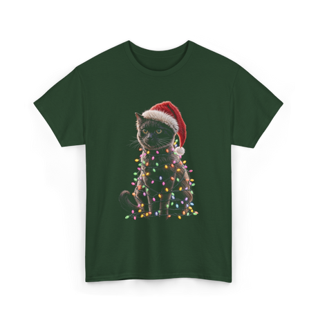 Black Cat Christmas Cat Lights T-Shirt - Forest Green