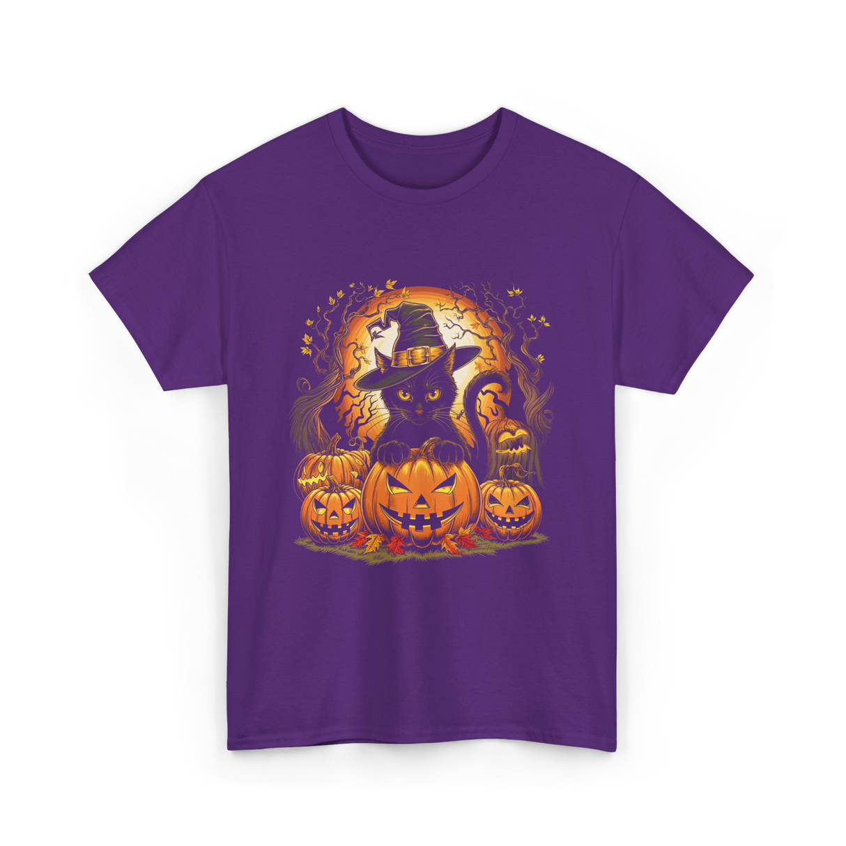 Black Cat Halloween Pumpkin Cat T-Shirt - Purple