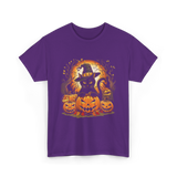 Black Cat Halloween Pumpkin Cat T-Shirt - Purple