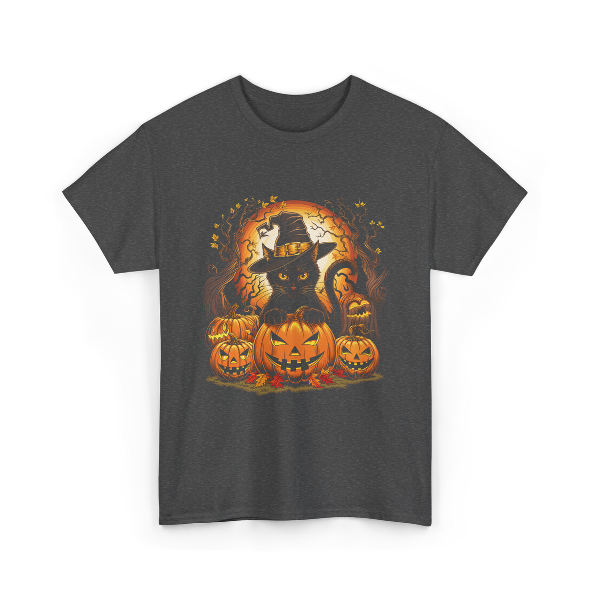 Black Cat Halloween Pumpkin Cat T-Shirt - Dark Heather