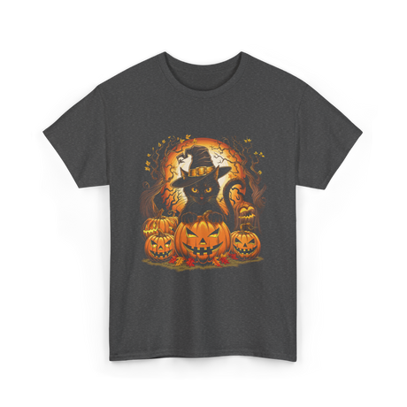 Black Cat Halloween Pumpkin Cat T-Shirt - Dark Heather