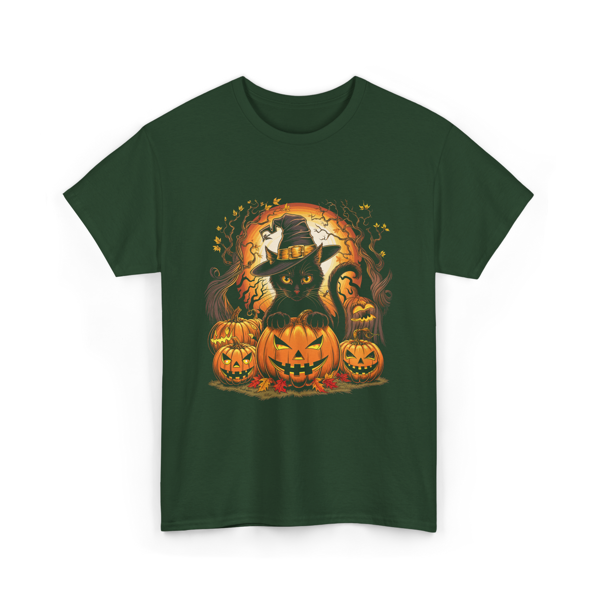 Black Cat Halloween Pumpkin Cat T-Shirt - Forest Green