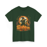 Black Cat Halloween Pumpkin Cat T-Shirt - Forest Green