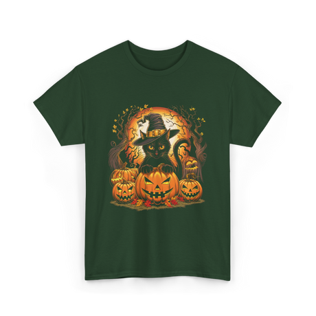 Black Cat Halloween Pumpkin Cat T-Shirt - Forest Green