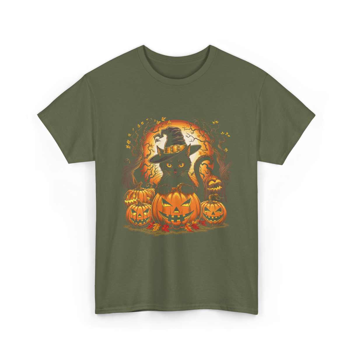 Black Cat Halloween Pumpkin Cat T-Shirt - Military Green