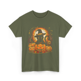 Black Cat Halloween Pumpkin Cat T-Shirt - Military Green