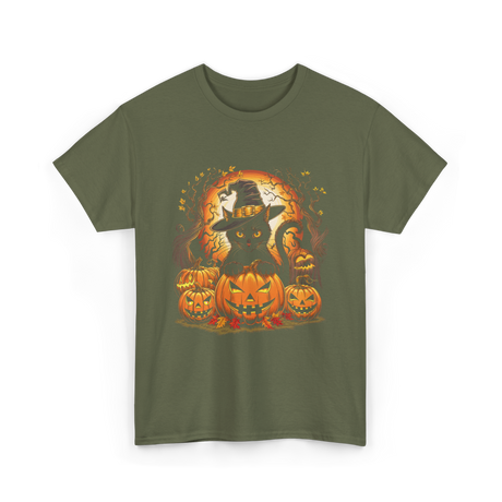 Black Cat Halloween Pumpkin Cat T-Shirt - Military Green