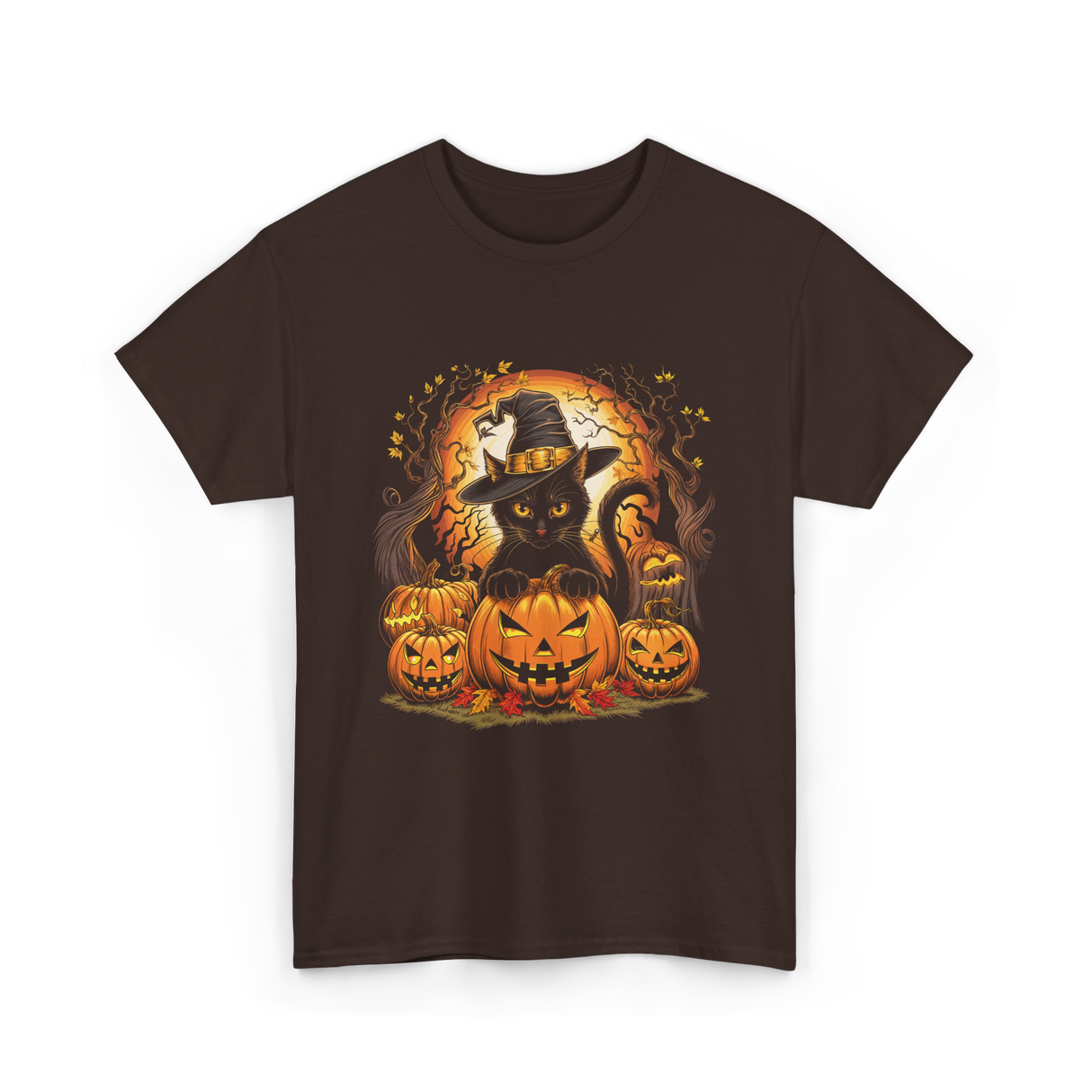 Black Cat Halloween Pumpkin Cat T-Shirt - Dark Chocolate