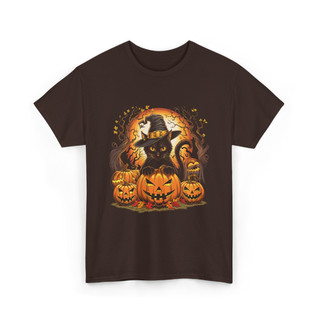 Black Cat Halloween Pumpkin Cat T-Shirt - Dark Chocolate