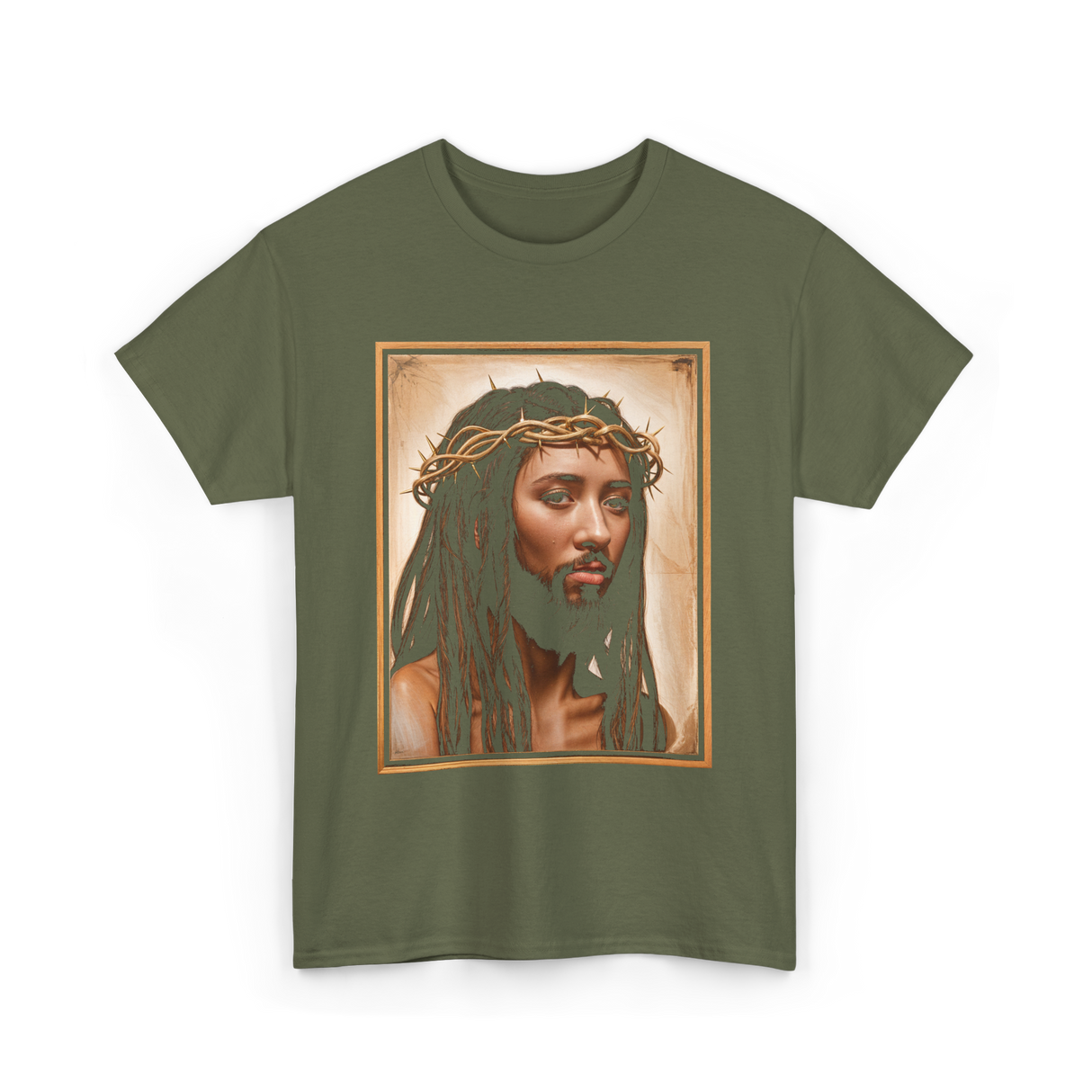 Black Jesus Crown Of Thorns Jesus T-Shirt - Military Green