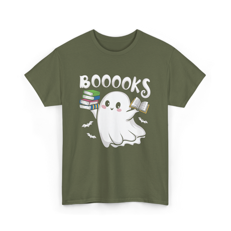 Booooks Ghost Books Reader T-Shirt - Military Green