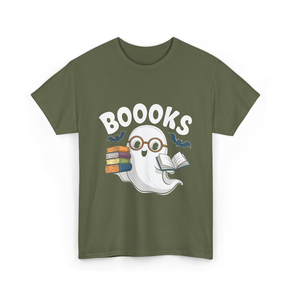 Booooks Ghost Reader Books T-Shirt - Military Green