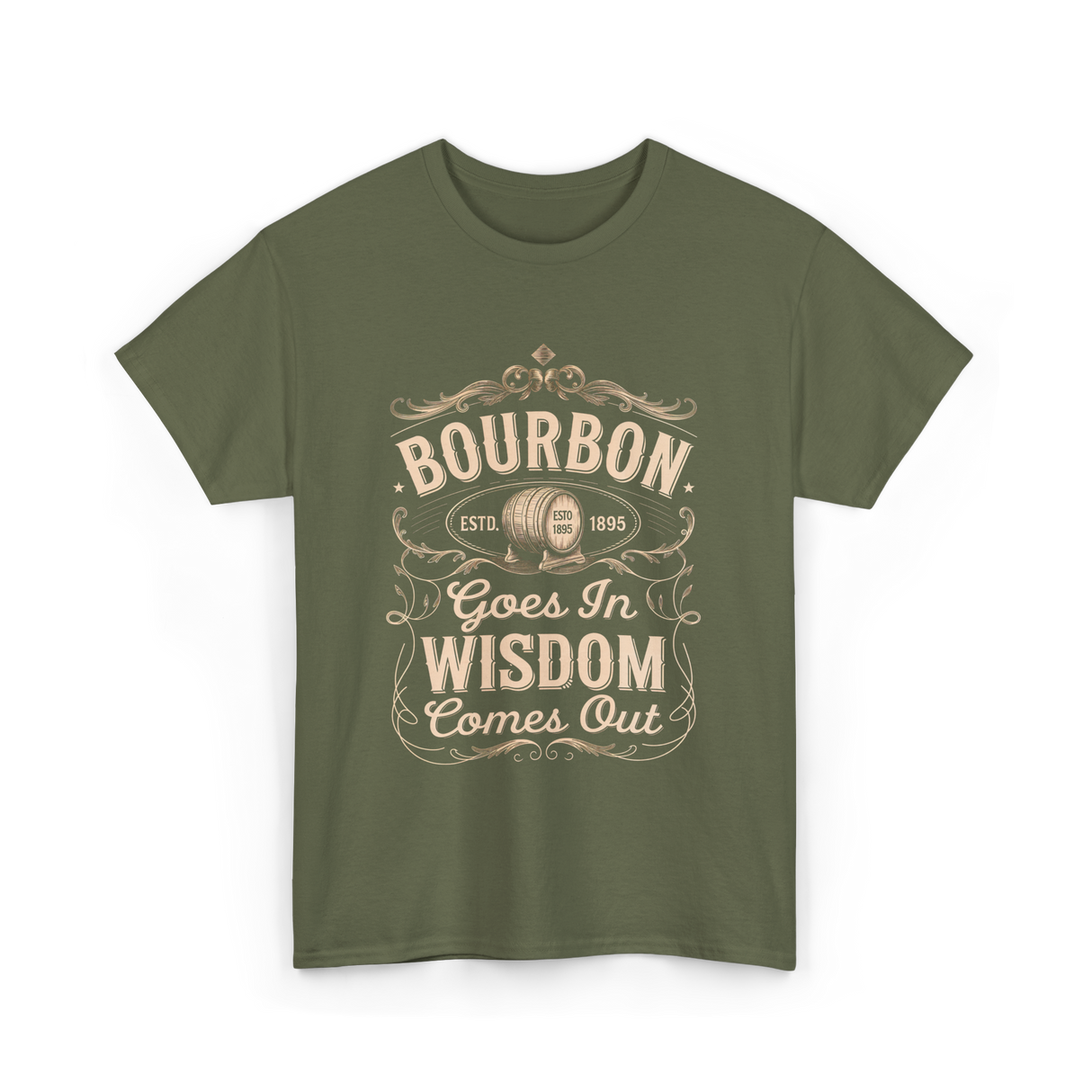 Bourbon Goes In Wisdom Comes Out Whiskey T-Shirt - Military Green