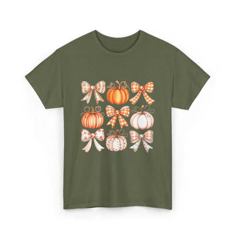 Bow Pumpkin Season Autumn Fall T-Shirt - Military Green