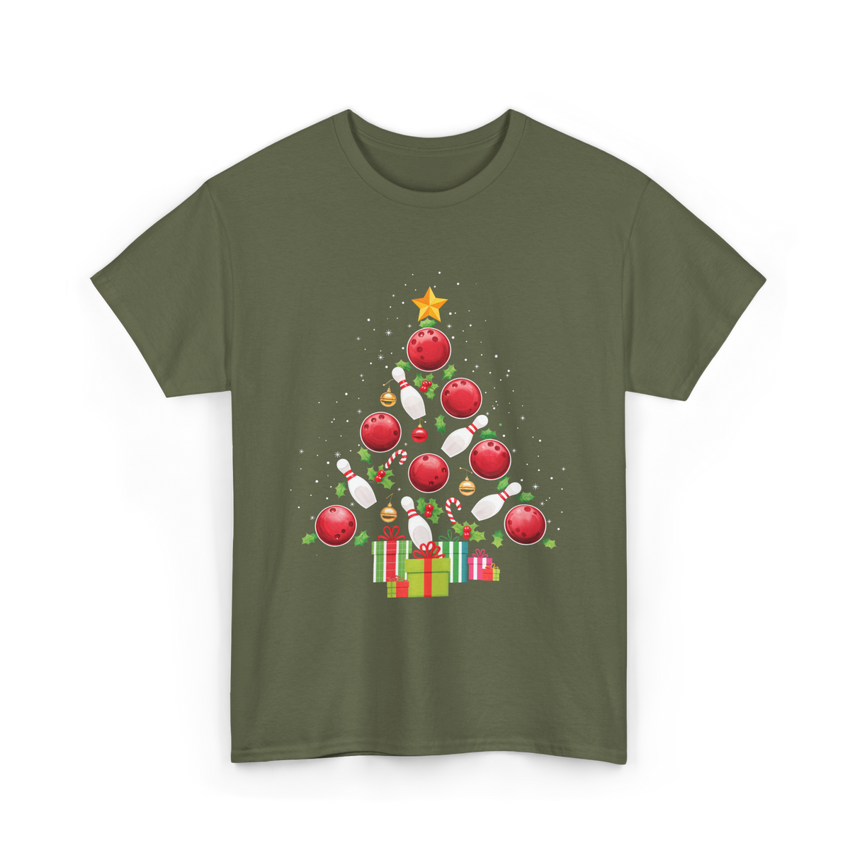 Bowling Christmas Tree Bowling T-Shirt - Military Green